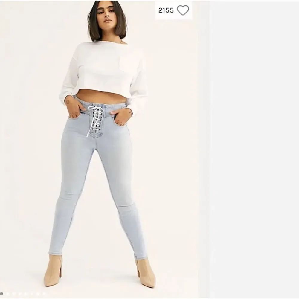 Free People CRVY High Rise Lace Up Skinny Jeans Size 26 Light Blue OB839226